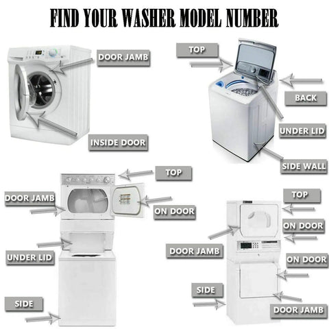 Guide to locate washer model number on various machines for Washer Door Boot Gasket Replacement For Front Load Machines.