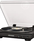Crosley T400D Black Fully Automatic 2-Speed Turntable With Built-in Bluetooth Speaker Output And Preamp in sleek design with vinyl record.