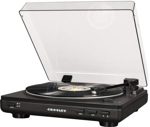 Crosley T400D Black Fully Automatic 2-Speed Turntable With Built-in Bluetooth Speaker Output And Preamp in sleek design with vinyl record.