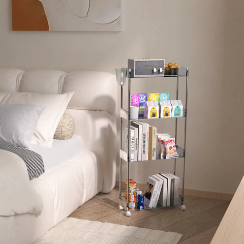 Go-To Slim 4-Tier Rolling Cart With Lockable Wheels And Handy Hooks And Bucket, A Mobile Utility Storage Solution For Office, Kitchen, Laundry, Bathroom And Living Room In Clear Finish