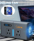 Road Trip Ready 200W 7 In 1 Car Power Inverter with cooling fan, dual AC outlets, LED display next to a laptop.