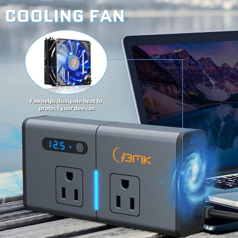 Road Trip Ready 200W 7 In 1 Car Power Inverter with cooling fan, dual AC outlets, LED display next to a laptop.