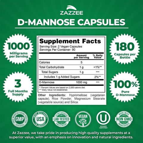Mega Potent D Mannose 1000 Mg Per Serving, 180 Vegan Capsules, Fast Acting Urinary Tract Health Support supplement facts