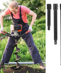 Person using beefy auger extension drill bit set with 8 inch 12 inch and 20 inch lengths 3/4 inch shaft for earth drilling