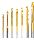 Top Shelf Eight Piece HSS Step Drill Bit Set With Titanium Coating And Hex Shank for precise cutting in metal and wood.