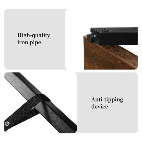 Close-up of iron pipe and anti-tipping device on Dope Rustic Industrial 67 Inch Bookcase With Metal And Wood Shelves 5 Tier Tall Open Display Shelf