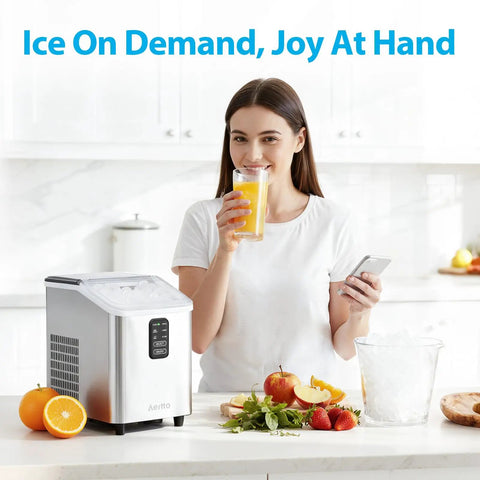 Countertop Ice Maker Rapid Bullet Ice In Six Minutes, 26Lb/24H Capacity, Two Ice Cube Sizes, woman in kitchen, stainless steel