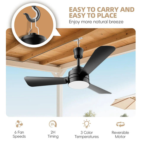 28 Inch Gazebo Ceiling Fan With Light installed on outdoor wooden patio, featuring black blades and remote control, easy to hang