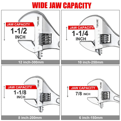 Wide jaw capacity for Four-Piece Adjustable Wrench Set With Wide Handle For Maximum Comfort, includes sizes 6 to 12 inches.