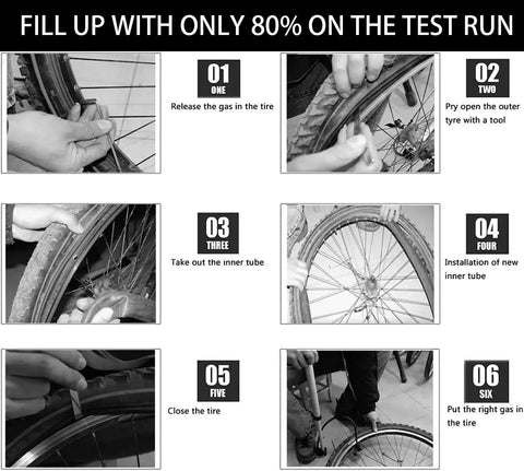 Six Pack Replacement Road Bike Inner Tubes, 28 Inch 700x20-25C, 80mm Brass Presta Valves installation steps with tools.
