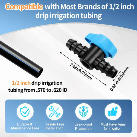 12 Pack Half Inch Drip Irrigation Shut Off Valves Inline Ball Valve For One Half Inch Tubing, size details and features