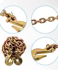 Close-up of yellow electroplated G80 transport binder chain with grab hooks, 10 ft 7100 lb safe working load for heavy-duty use.