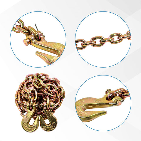 Close-up of yellow electroplated G80 transport binder chain with grab hooks, 10 ft 7100 lb safe working load for heavy-duty use.