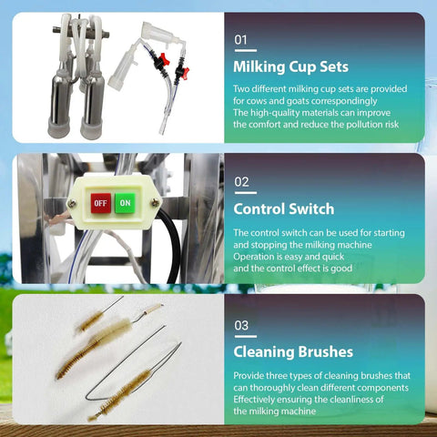 Components of Oil Free Vacuum Milking Pump With 110V Electric Pro Grade Milker 25L Stainless Steel Bucket Portable Cow And Goat Milking Machine For Easy Dairy Harvest Includes Three Cleaning Brushes