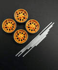 78 Piece Plastic Gear Kit For Motors And Robots with yellow wheels and metal axles on black background