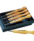 Five Piece Power Grip Carving Set For Woodworking, Japan Import, includes five wooden handle steel tools in a black tray