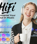 Smiling woman with headphones holding mug, showcasing 64GB Clip MP3 Player With Bluetooth 5.3 And Built In Speaker, 2 Inch IPS HD Touchscreen