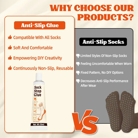 Anti Slip Sock Stop Adhesive With Handy Tip Applicator Transparent Waterproof Sock Glue For Bath Mats Carpets Blankets And Rugs Delivers Long Lasting Grip No Slip Protection 50ml tube, comparison chart showing benefits over anti-slip socks.