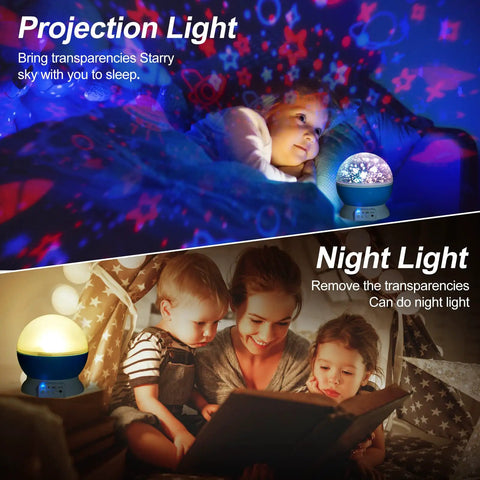 360 Degree Rotating Star Projector Night Light for Kids creating calming galaxy show in bedroom with family