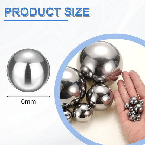 Hand holding 6mm 316L stainless steel bearing balls against larger spheres, labeled 100 Pcs 6Mm 316L Stainless Steel Bearing Balls G200 Precision For Bearings Bicycles Casters Automotive Parts And DIY Projects Mirror Polished Finish Heavy Duty Corrosion And Wear Resistant.