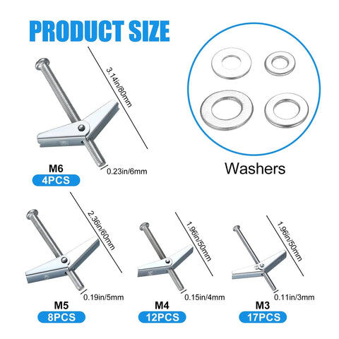 Image showing product sizes in the 123 Piece Toggle Bolt And Wing Nut Kit For Hollow Walls Heavy Duty Drywall Anchors Set.