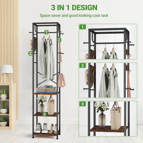 Freestanding Coat Rack With 3 Storage Shelves And 12 Hooks, Industrial Hall Tree Organizer, Rustic Brown, full view with coats and shoes