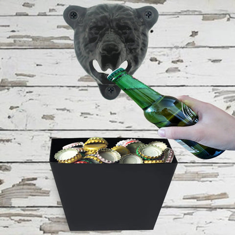 Badass Cast Iron Bear Head Beer Bottle Opener Wall Mounted With Cap Catcher Tray For Man Cave Chill Spot Or Garage Wall showing a hand opening a bottle.