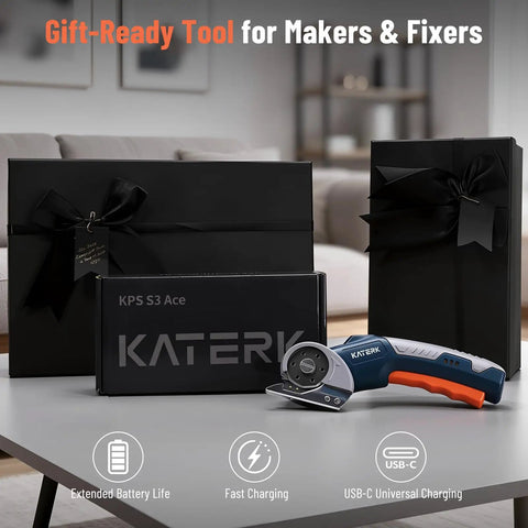 Katerk Cordless Electric Box Cutter With Safety Lock And Led Light on a table beside gift boxes, showcasing its sleek design.