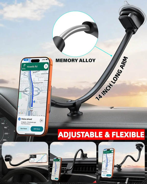 MagSafe Car Phone Mount With 14 Inch Gooseneck Long Arm Extension Industrial Strength Suction Cup Universal Windshield Dashboard Holder