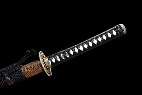 13Ft PU Leather Ito Sageo Rope For Katana Tsuka Wrap Dope Black Cord wrapped around a samurai sword handle.