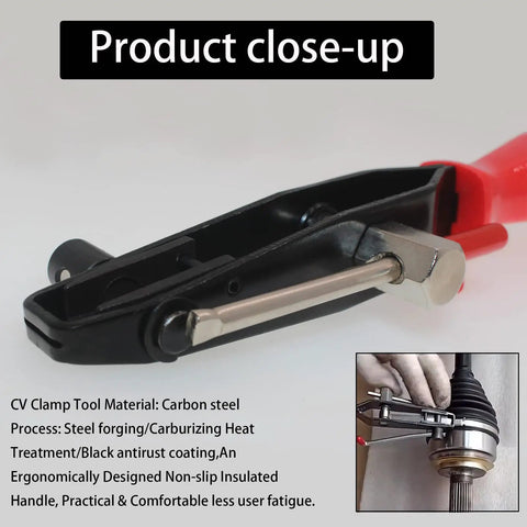Close-up of the 22 Piece CV Boot Clamp Pliers Kit Universal Fit For Cars UTVs And ATVs tool with black carbon steel and red handle.