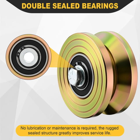 Close-up of double sealed bearings on Rock Solid Workhorse 4 Inch V Groove Sliding Gate Rollers Two Pack Heavy Duty Steel Wheels.