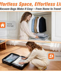 Woman using Ultimate 15 Pack Vacuum Storage Bags With Cordless Pump For Travel Space Saver Compression Bags in closet and suitcase