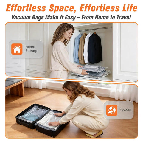 Woman using Ultimate 15 Pack Vacuum Storage Bags With Cordless Pump For Travel Space Saver Compression Bags in closet and suitcase