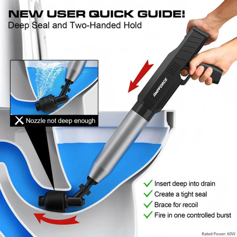 Heavy Duty Electric Air Plunger For Bathroom Toilets High Pressure Drain Unclogger with user guide for setup in sleek black.