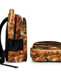 Side view of Fall Farmer Pumpkin Barn Printed Unisex Backpack with Large Capacity, durable polyester, easy clean design.
