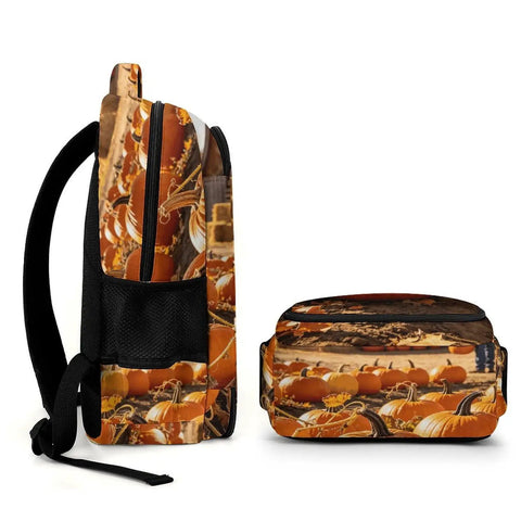 Side view of Fall Farmer Pumpkin Barn Printed Unisex Backpack with Large Capacity, durable polyester, easy clean design.