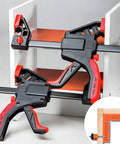 90 Degree Corner Clamps For Woodworking, Trigger Clamp Set holding white cabinet joint precisely and securely.