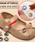 Heavy Duty Snap Fasteners Kit 15mm 320 Pieces 80 Sets 4 Colors Stainless Steel Snaps on tan shoe with stitch detail.