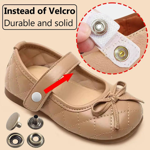 Heavy Duty Snap Fasteners Kit 15mm 320 Pieces 80 Sets 4 Colors Stainless Steel Snaps on tan shoe with stitch detail.