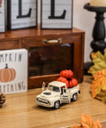 Fall Harvest Mini Metal Truck Decor With Three Pumpkins on tiered tray, vintage diecast farm truck, Thanksgiving home accent