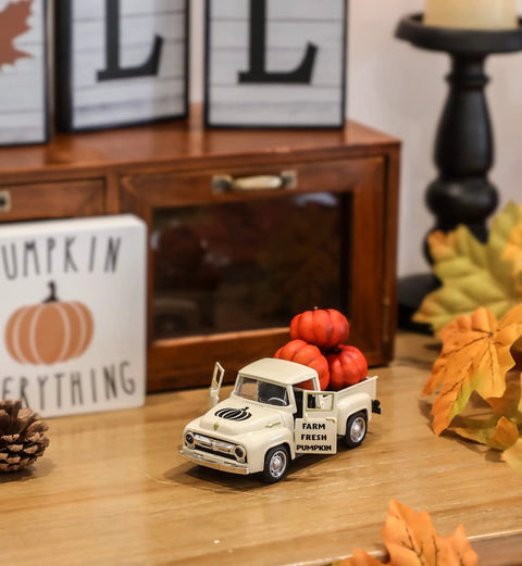 Fall Harvest Mini Metal Truck Decor With Three Pumpkins on tiered tray, vintage diecast farm truck, Thanksgiving home accent
