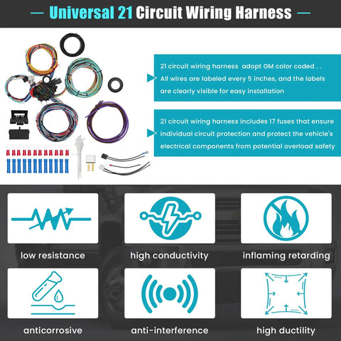 Instruction sheet showing features of the 21 Circuit Wiring Harness Kit with extra long wires and 17 fuses for GM Chevy Chrysler Dodge Ford.