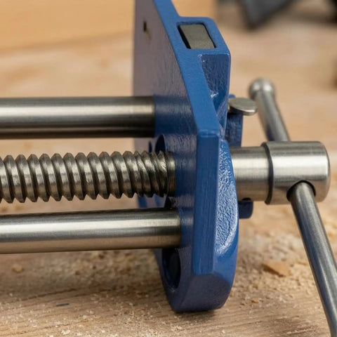 Close-up of Huge 7 Inch Mountable Carpentry Bench Clamp Work Vise with sturdy navy cast iron and metal screw mechanism.