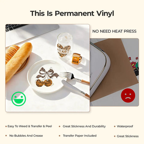 Leopard Print Permanent Vinyl Sheets Bundle 12X10 Inch, 10 Pack With 2 Transfer Papers in use for crafting DIY projects.