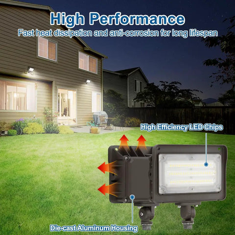 2 Pack 50W Outdoor LED Flood Lights With Dusk To Dawn Photocell highlighting die-cast aluminum housing and high-efficiency LED chips.