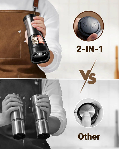 Comparison of 2 In 1 Rechargeable Salt And Pepper Grinder Set With USB C Charging Base One Handed Automatic Grinders and dual mills.