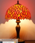 Stained Glass Tiffany Style Table Lamp With Red Wisteria Design, 12 Inch Shade, 18 Inch Tall, Antique Green Bronze Base, Cord Switch