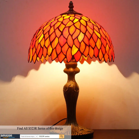 Stained Glass Tiffany Style Table Lamp With Red Wisteria Design, 12 Inch Shade, 18 Inch Tall, Antique Green Bronze Base, Cord Switch