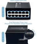 Front and side view of 12 Port Gigabit Unmanaged Ethernet Switch for industrial use with energy efficient design, sturdy metal wall mount.